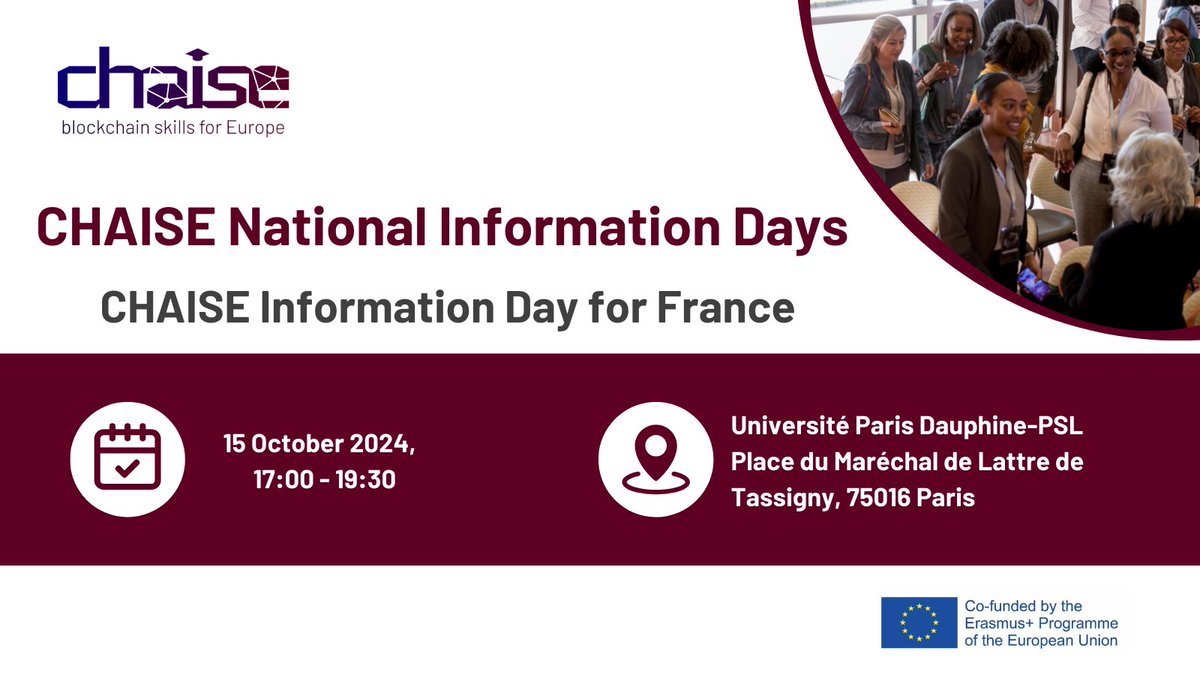 Calling all #Blockchain enthusiasts in Paris! 🇫🇷 Join us for CHAISE National Information Day on Oct 15th at Paris Dauphine University.

Network with industry leaders, discover blockchain programs, &amp; access European Blockchain Labor reports.
Register here!eventbrite.com/e/billets-bloc…