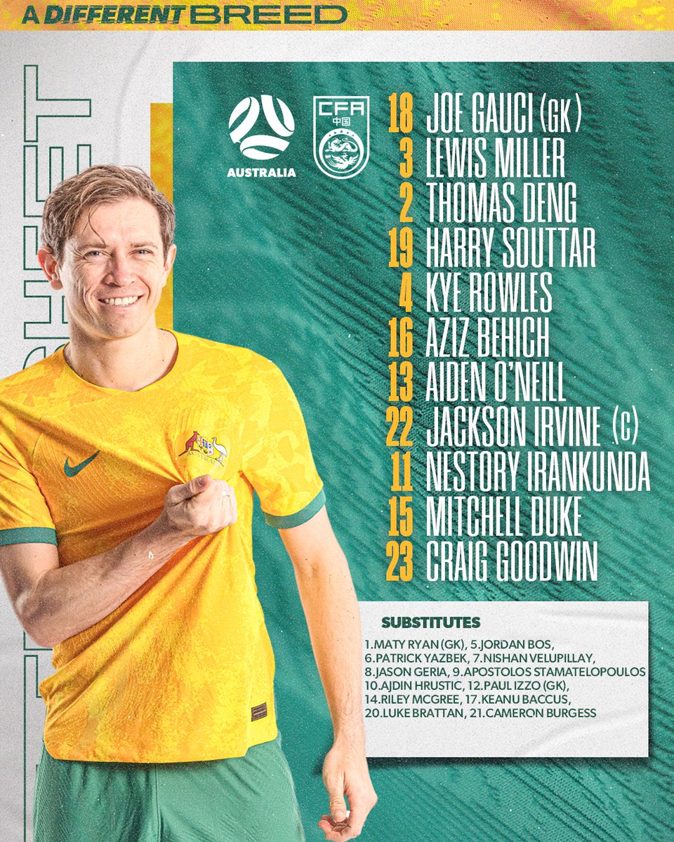 Socceroos's tweet photo. 📋 Here’s Tony Popovic's first #Socceroos XI to face China PR tonight! 👊
🇦🇺 v 🇨🇳 - 10.10.24 - 8:00pm AEDT
📱💻📺 10, 10 Play, Paramount+
#AUSvCHN https://t.co/4miRY1ZMBn