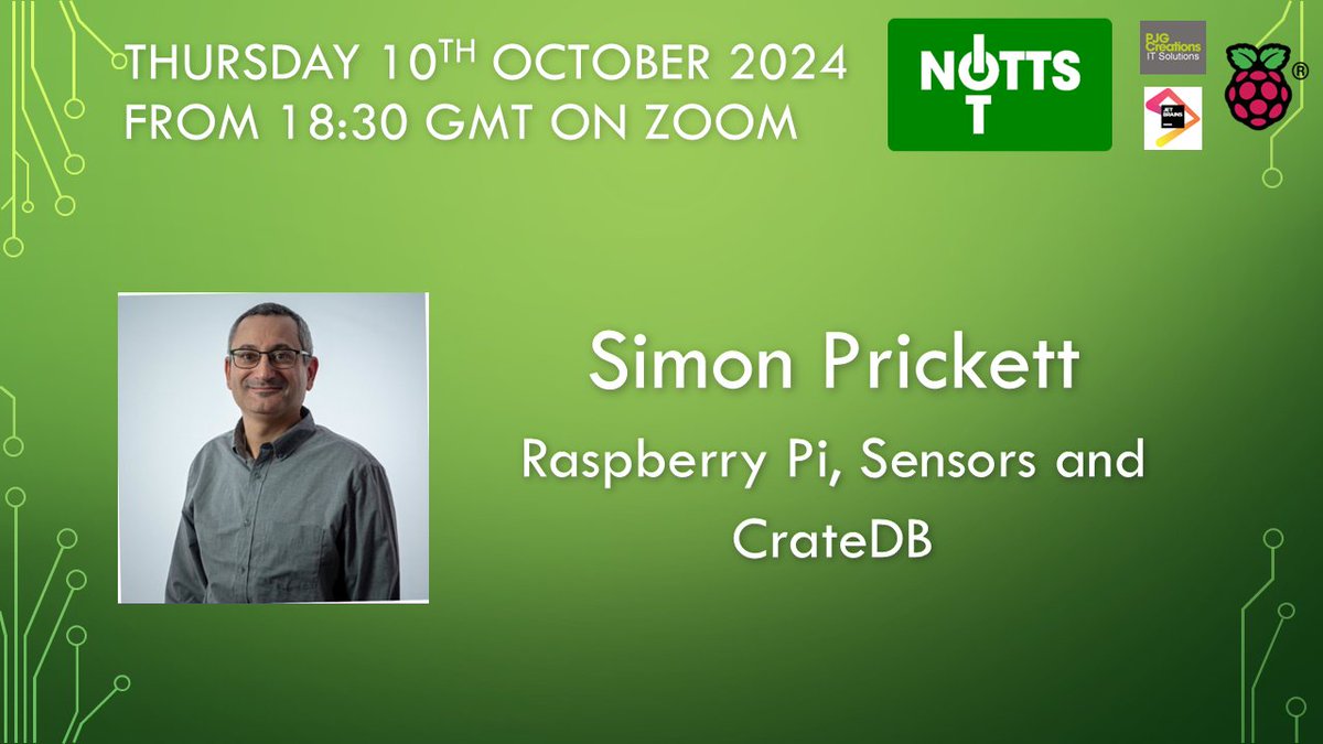 Join us tonight where we'll be joined by the excellent <a href="/simon_prickett/">Simon Prickett 🇪🇺| simonprickett.dev</a> who will be talking to us about "<a href="/Raspberry_Pi/">Raspberry Pi</a>, Sensors and <a href="/cratedb/">CrateDB</a>"!

⏰Thursday 10th October @ 18:30
🌍meetu.ps/e/NwMqn/qggtP/i