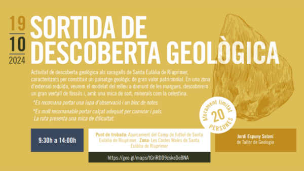 El pròxim 19 d'octubre Jordi Espuny Solaní organitza una sortida de descoberta geològica a la zona de Les Costes Males de Santa Eulàlia de Riuprimer. Us esperem!

🕘 Horari: 9:30 h a 14:00 h
📍Punt de trobada: aparcament del camp de futbol de Santa Eulàlia de Riuprimer