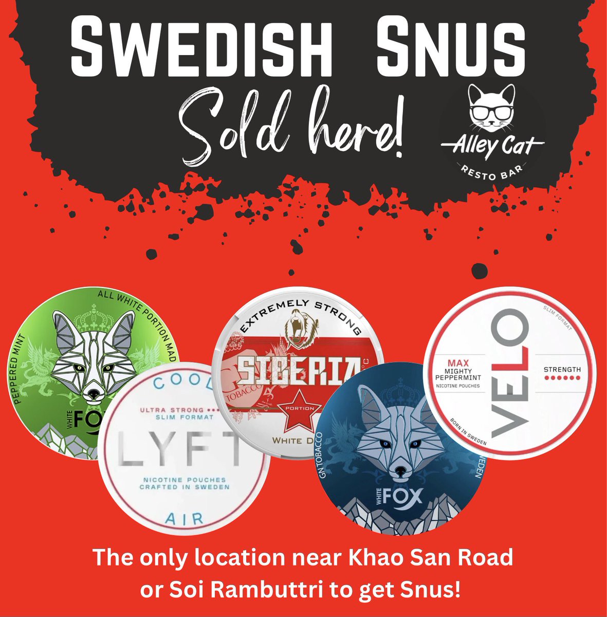 Looking for snus or nicotine pouches around Khao San Road in Bangkok?

Visit us! 

We have a large variety of #snus and #nicotinepouches that include some of the most popular brands: White Fox, Siberia, Oden’s, Klint, Lyft and Velo.