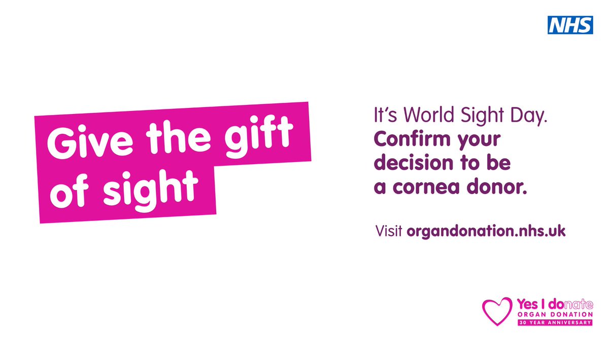 👁️ This #WorldSightDay,  around 6,000 people in the UK are waiting for a corneal transplant, facing an average wait of 18 months to regain their sight.

You could transform lives by becoming a cornea donor after you die. 

Give the gift of sight ➡️  orlo.uk/ojQ9E