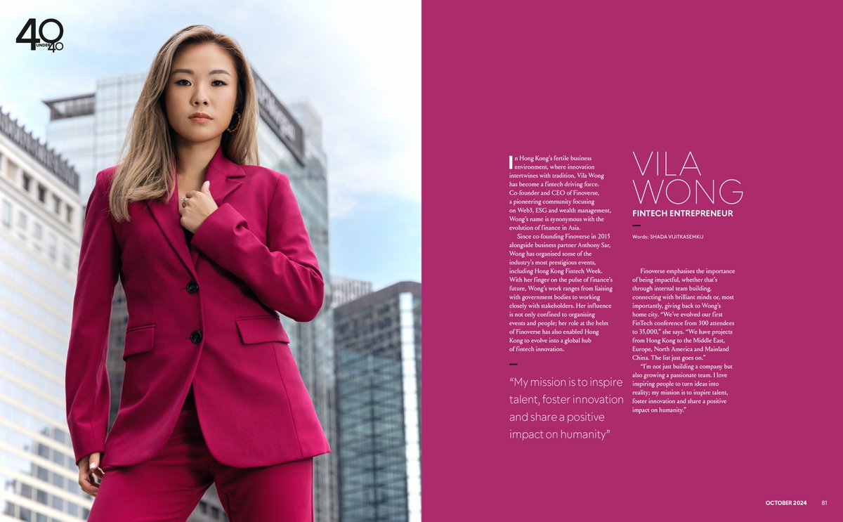 Huge congrats to our Co-Founder, Vila Wong, for being featured in @Prestige_HKs #40Under40! 🎉 Vila's passion embodies our mission at Finoverse: empowering women in #FinTech/#tech. This is why we encourage you all to come and support the incredible female leaders joining us at