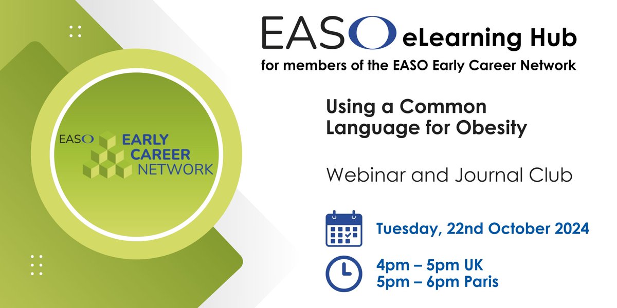 Obesity researchers and professionals are invited to join Jennifer Baker for this month’s EASO Early Career Network (ECN) eLearning Hub webinar and journal club, “Using a Common Language for Obesity”. 

➡️ Tues, 22nd Oct 2024, 4pm UK / 5pm Paris

easo.org/easo-early-car…