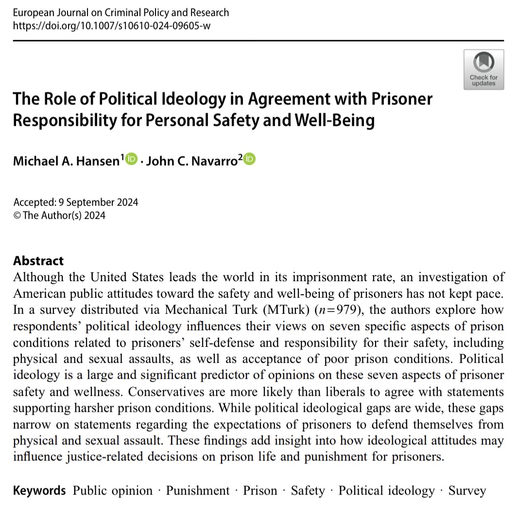 Study  on the role of political ideology in predicting attitudes towards prisoner responsibility for personal safety and well-being. doi.org/10.1007/s10610…