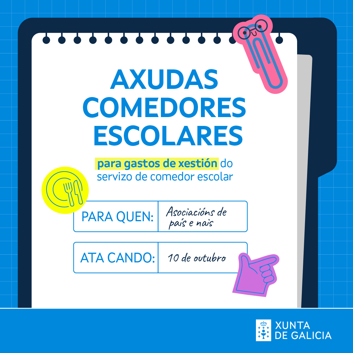 EduXunta's tweet image. 🍴 Hoxe remata o prazo para que as anpas soliciten as axudas da @Xunta para a xestión dos comedores escolares

🔹 Un total de 1,6M€ destinados a cubrir gastos de menú, persoal e materiais

ℹ️ edu.xunta.gal/portal/node/44…

#comedores #educacion #anpa #axudas