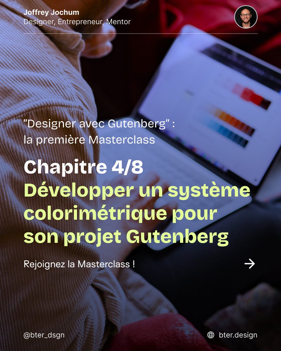 bter_design's tweet image. 📣 Masterclass &quot;Designer avec Gutenberg et #WordPress&quot; : le programme.

Chapitre 4/8 : Développer un système colorimétrique avec Gutenberg #BlockEditor

Au programme ⤵️