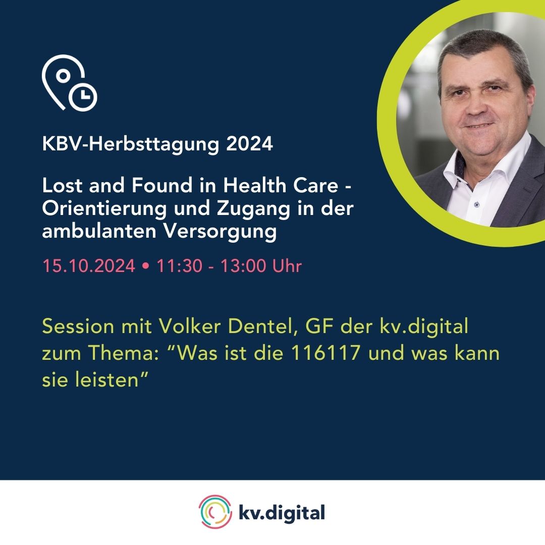 🔜 KBV-Herbsttagung 2024: Nicht verpassen! In Session 2 spricht Volker Dentel über den <a href="/116117/">116117</a> Terminservice – den zentralen Zugang zu medizinischer Versorgung per Telefon, online oder App. 🌐

Mehr Infos 👉: kbv.de/html/herbsttag…

#Healthcare #DigitalHealth #116117