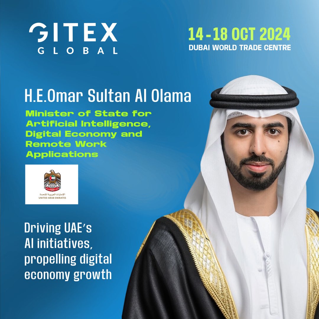 GITEX_GLOBAL's tweet photo. We are honoured to welcome H.E. Omar Sultan Al Olama, Minister of State for Artificial Intelligence, Digital Economy, and Remote Work Applications, UAE – a visionary leader driving the nation’s AI transformation and boosting digital economy growth. https://t.co/2vr5tEt1iL