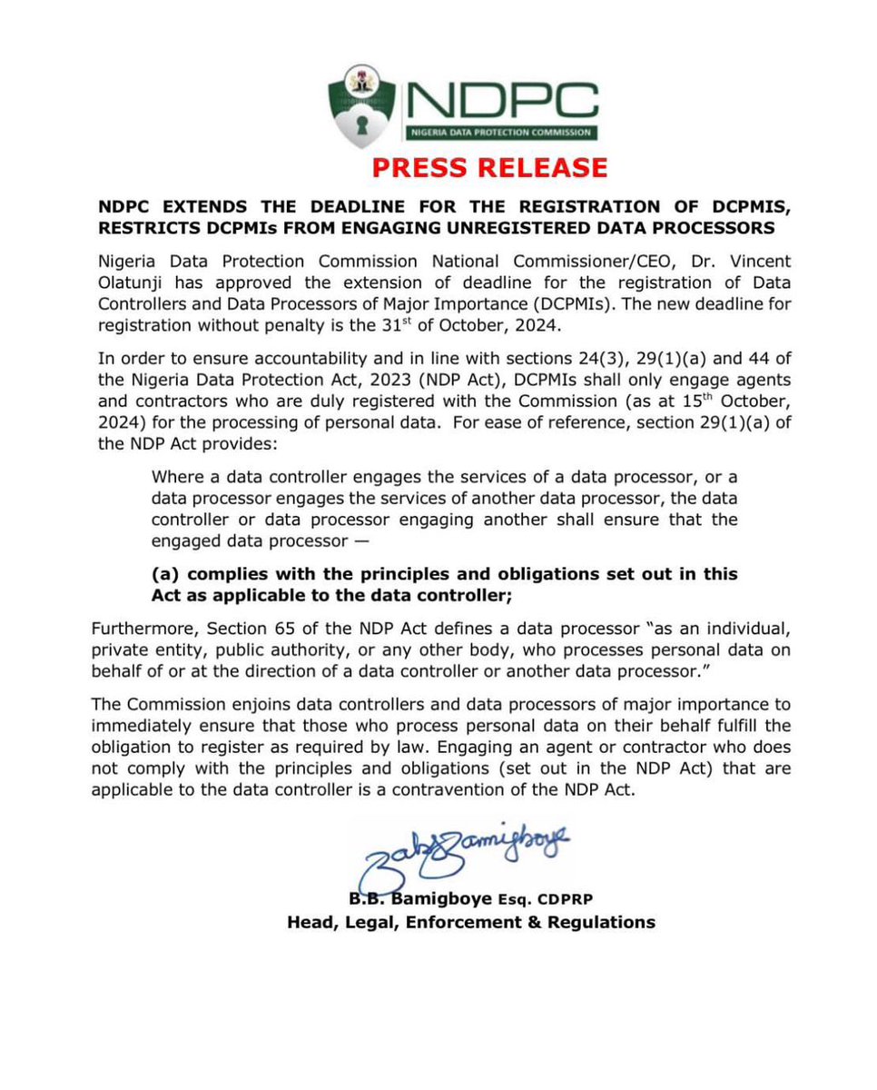 SSKohnNG's tweet image. DID YOU KNOW?
The Nigeria Data Protection Commission (NDPC) has extended the registration deadline for Data Controllers and Data Processors of Major Importance (DCPMIs) to 31st October 2024. 
 
Read more:
linkedin.com/feed/update/ur…
 
#dataprotection #datacontrollers #WeAreSSK