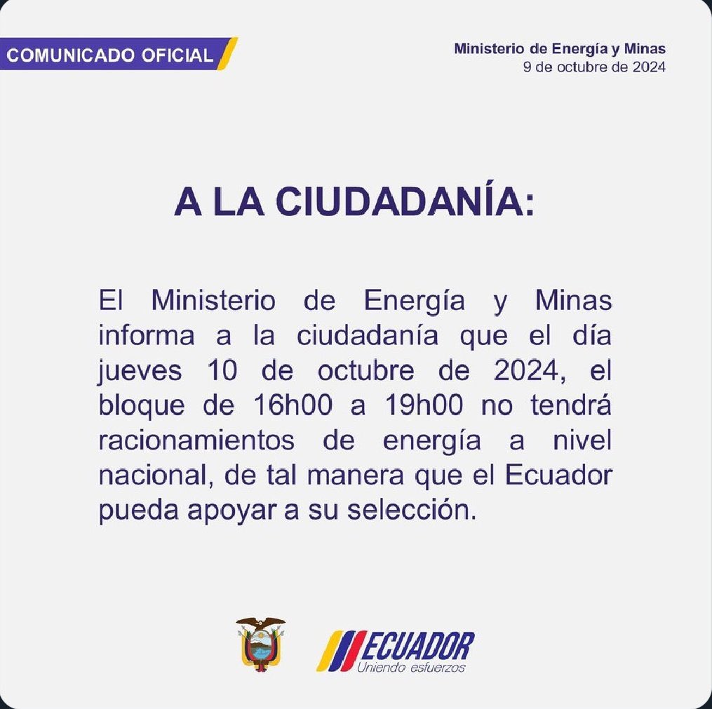 #URGENTE | El bloque de 16:00 a 19:00 no tendrá racionamientos de energía, este jueves 10 de octubre.