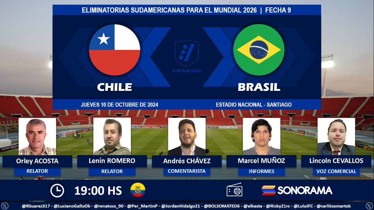 ⚽ #EliminatoriasSudamericanas | 🇨🇱 #Chile vs. #Brasil 🇧🇷
🎙 Relatores: <a href="/orleyacostam/">Orley Acosta</a> - <a href="/LeninRomeroM/">Lenin Romero</a>
🎙 Comentarista: <a href="/andresfelch19/">Andrés Felipe Chávez</a>
📋 Informes: <a href="/marcel_munozO/">Marcel</a> 
🎙 Voz comercial: <a href="/mateo_c1990/">Lincolm Cevallos</a>
📻 @Sonodeportes <a href="/radiosonorama/">Sonorama Online Radio</a> 
🤳 #LaGranSeñalNacional
Dale RT 🔃
