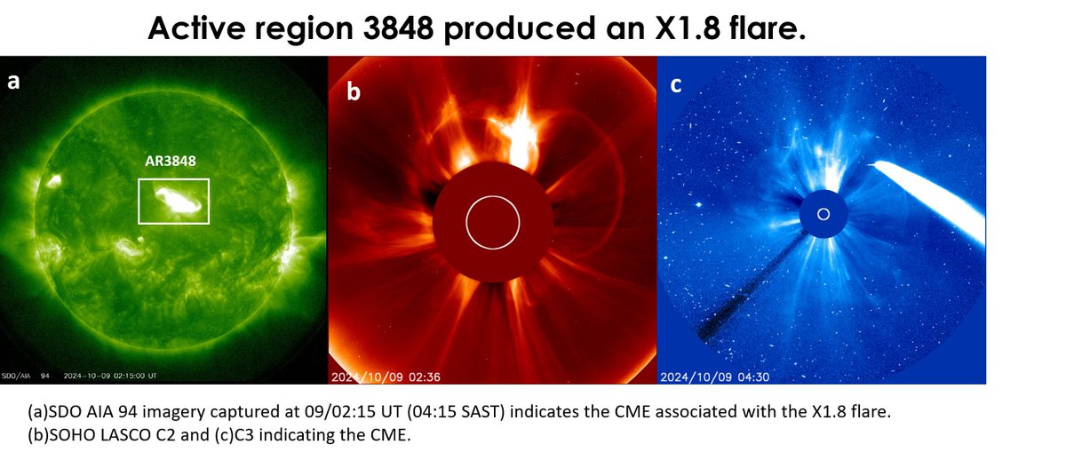 SANSA Space Weather (@spaceweathersa) on Twitter photo AR3848 produced an X1.8 flare last night. A full HALO CME was observed. This CME has been analyzed and there is potential for geomagnetic conditions to reach G4/Severe storm levels upon arrival from tonight. Stay tuned for more on space weather activity on <a href="/SpaceweatherSA/">SANSA Space Weather</a> AR3848 produced an X1.8 flare last night. A full HALO CME was observed. This CME has been analyzed and there is potential for geomagnetic conditions to reach G4/Severe storm levels upon arrival from tonight. Stay tuned for more on space weather activity on <a href="/SpaceweatherSA/">SANSA Space Weather</a>
