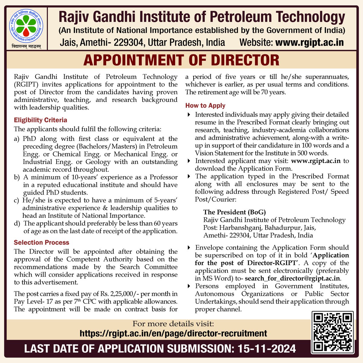 TheRGIPT's tweet photo. RGIPT invites applications for appointment to the post of Director || Application deadline 15-11-2024 || https://t.co/nYjSf0oKnD
#RGIPT | #recruitment | #directorappointment https://t.co/YHjpuzq45p