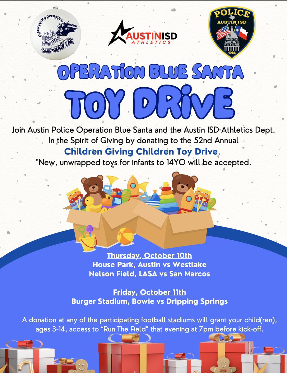 This Thursday and Friday, if you bring a NEW, unwrapped toy for ages infant to 14yo to one of the three varsity football games below as a donation to Operation Blue Santa, your child(ren) get to RUN THE FIELD before kickoff!! 
#TheMoreTheMerrier #commUNITY