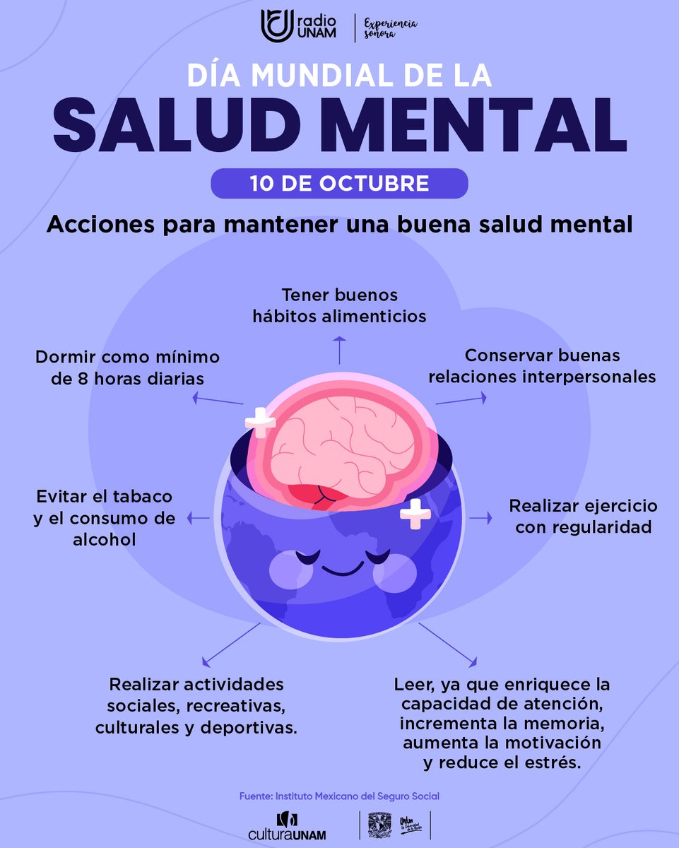 RadioUNAM's tweet photo. #RadioUNAMRecuerda que hoy es el #DíaMundialdelaSaludMental. 🧠🩺✨ Con esta fecha se busca reflexionar sobre la importancia del bienestar emocional y psicológico, y fomentar el apoyo y la comprensión para quienes lo necesiten. 🤝 https://t.co/ywBx7pMdrD