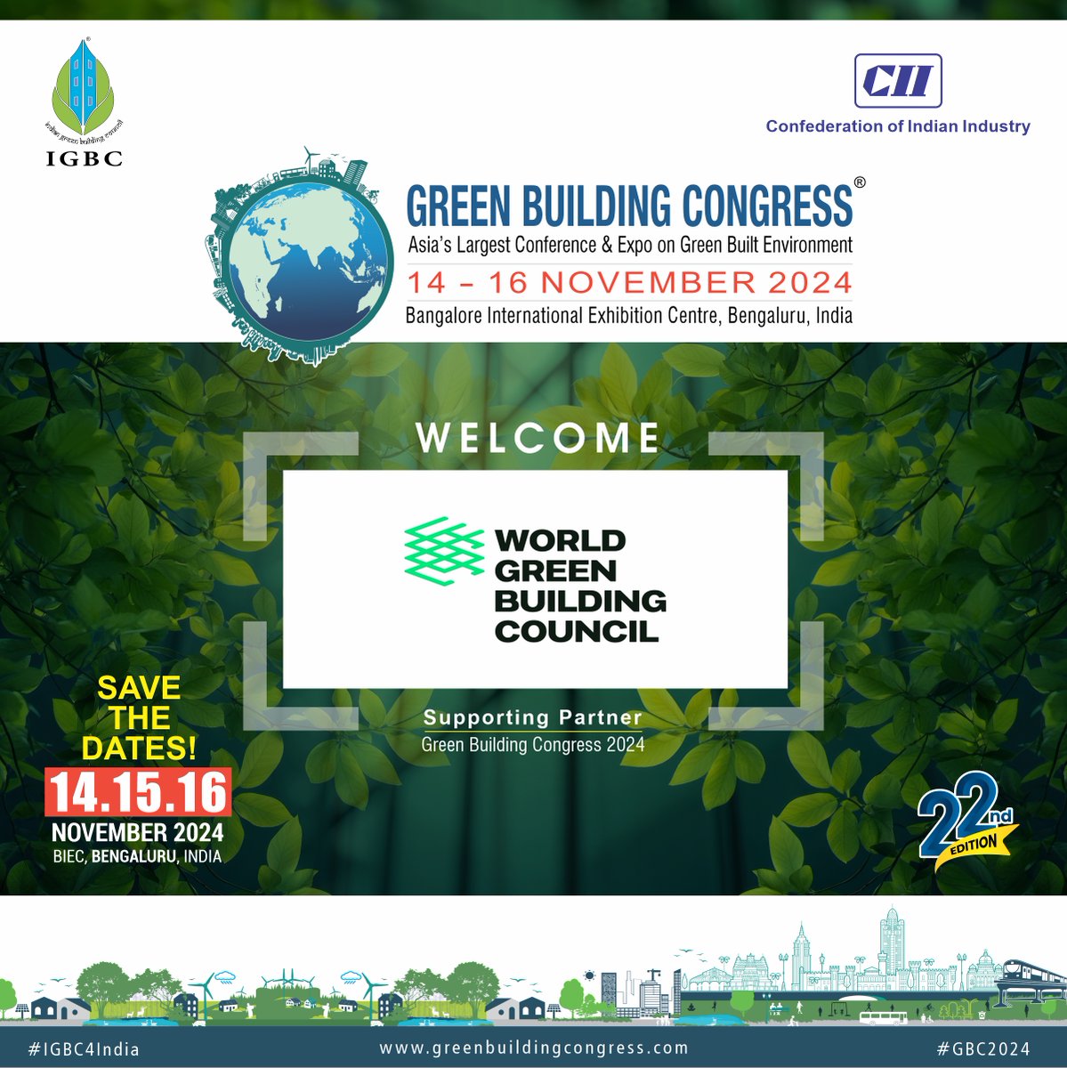 IGBConline's tweet photo. 🌍 We in IGBC are delighted to announce that the @WorldGBC is joining us as a Supporting Partner for the #GreenBuildingCongress2024, scheduled from 14 -16 November 2024 at BIEC, Bengaluru, India! 🙌

For more details, visit https://t.co/9Fe5OtUIgF

#GBC2024 #IndiaGBC #NetZero https://t.co/NQT91D3ycB