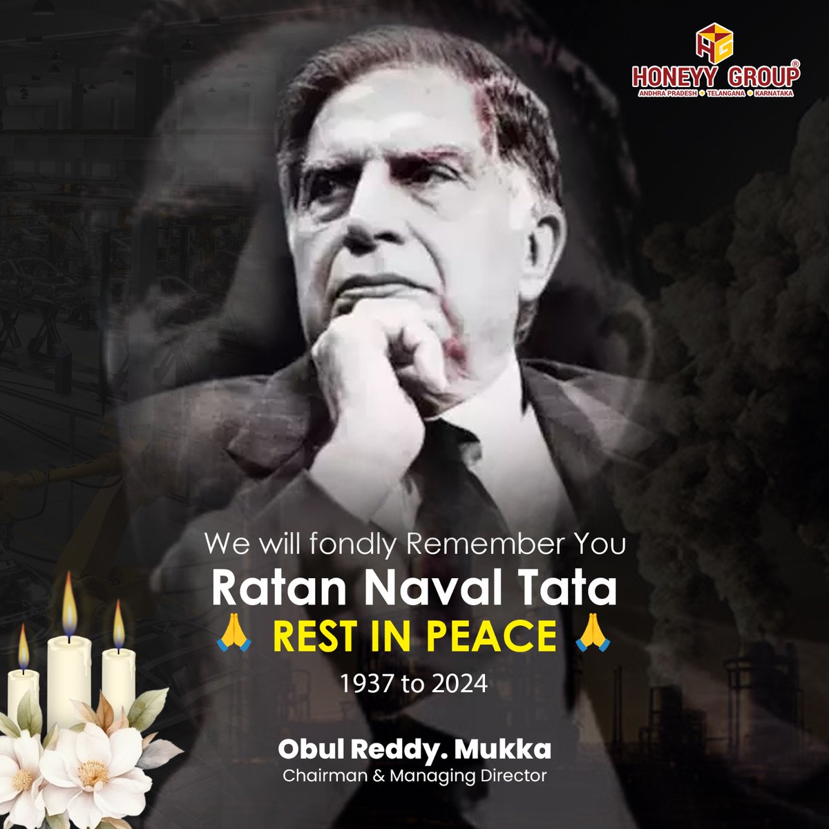 vijaykumar85229's tweet photo. It is with heavy hearts that we pay tribute to Shri Ratan Naval Tata. It is a great loss to the country, if not the world. Rest in Peace, Tata sir.

#RatanTataPassedAway #RatanTata #EndOfAnEra #RatanTataSir #TataLegacy #TataGroup #TataSons #HoneyyGroup https://t.co/VuMldfQuyf