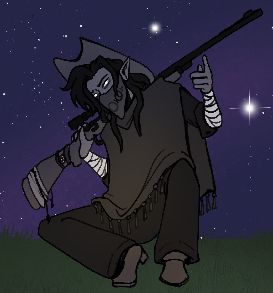 Teaflinglive's tweet image. Trying my hand at a True Monocromatic character. This is Whiskey Adams, a Shadar-Kai Ranger for a wild west themed Campign my friend is running!