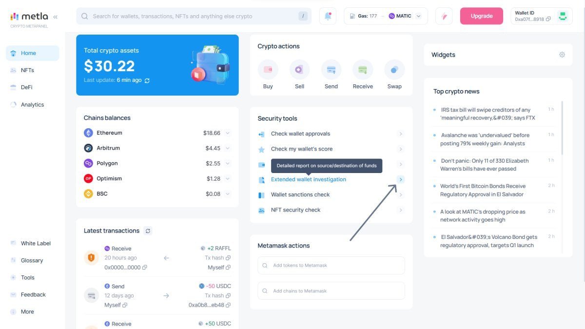 Click on the Extended Wallet Investigation feature to check the sources of the funds associated with your wallet👆

metla.com/security-tools…