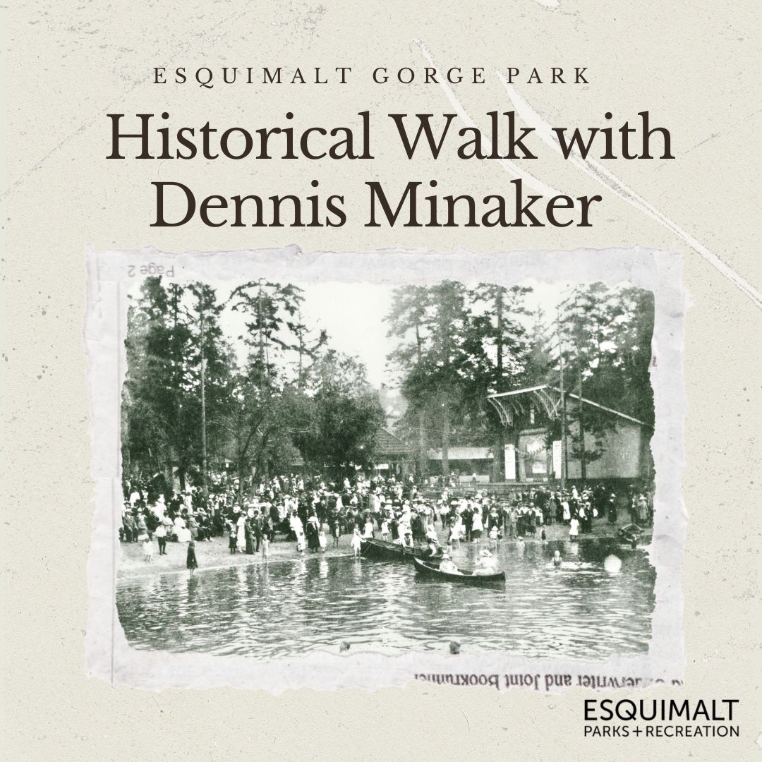 Join local author Dennis Minaker for a historical walk through Esquimalt Gorge Park on Tuesday, Oct 15, or Saturday, Oct 19, from 10:00 - 11:30 AM! Explore the vibrant waterway of a century ago—regattas, swimming galas,and more. More details esquimalt.ca/recreation