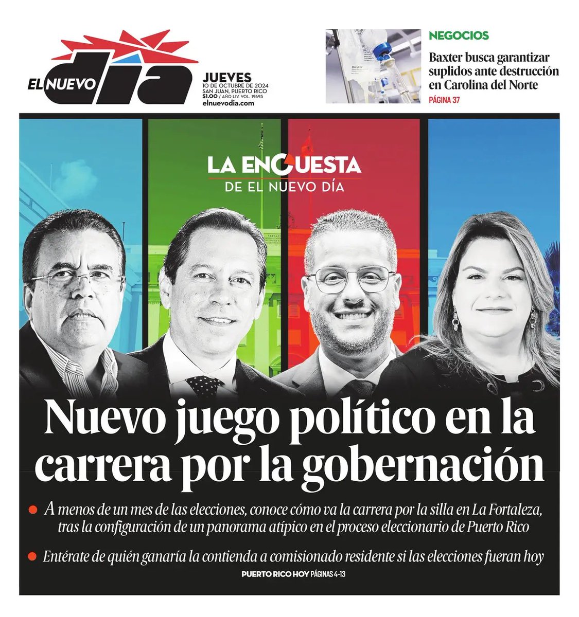 RobbyCortes's tweet photo. BREAKING- Encuesta de @ElNuevoDia de los candidatos a la gobernación de #PuertoRico, a menos de un mes de las #Elecciones2024.

•@JGO_2024 - 37%
•@juandalmauPR - 25%
•@jmortizpr - 22%
•@JimenezJavierPR - 9%

Encuesta realizada entre el 28 de septiembre y el 2 de octubre. https://t.co/Z0BTFnS5f3
