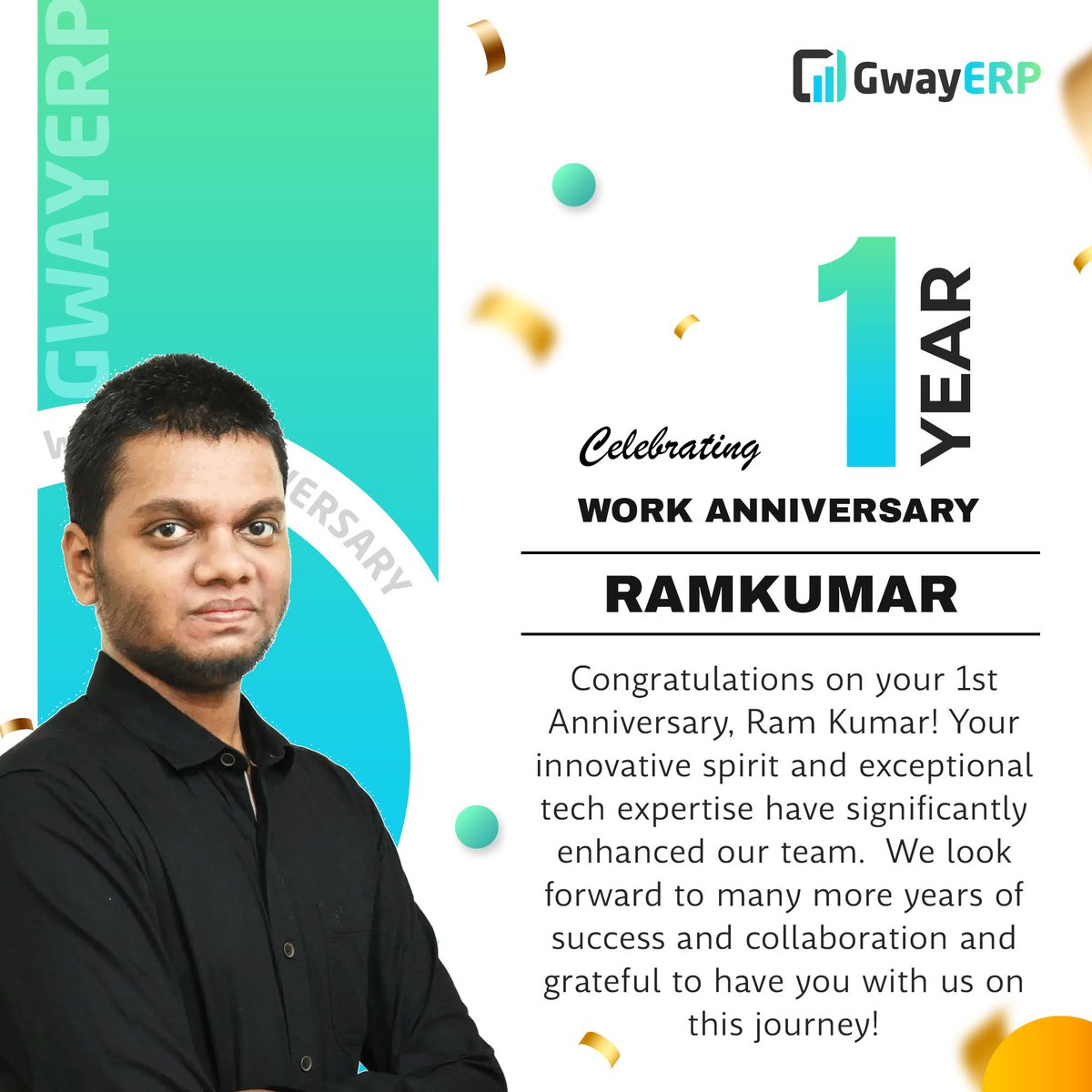 GwayERP's tweet image. 🎉 Cheers to 1 year of Ram Kumar&apos;s tech wizardry! 

You&apos;ve squashed more bugs than a superhero and saved the day more times than we can count! 🦸‍♂️💻 Here’s to another year of coffee-fueled coding and fixing everything we manage to break! 😄👏 

#WorkAnniversary #CodeMaster