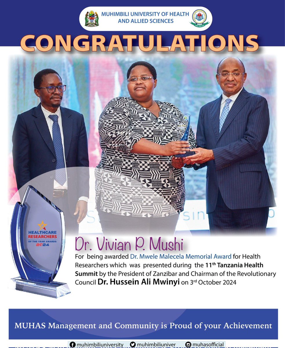 <a href="/muhimbiliuniver/">Muhimbili University</a> 

Chuo cha Afya na Sayansi shirikishi Muhimbili Kimempongeza Mtafiti/Mwanasayansi Dkt. Vivian P. Mushi Kwa kupokea Tunzo ya Mtafiti bora wa mwaka 2024, kupitia Kongamano kubwa la Afya la THS lilofanyika kisiwani Zanzibar, Oct 1 - 3. 

#ths2024