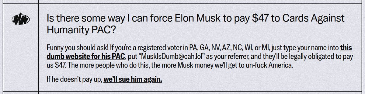 tom_forsyth's tweet image. Cards Against Humanity exploiting loopholes that should probably be illegal to compel you to vote so they become illegal.
apologize.lol