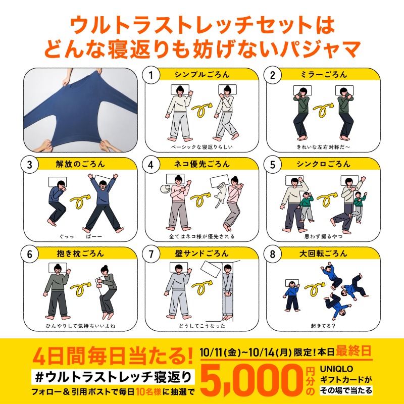 UNIQLO_JP's tweet photo. 皆の<寝返り>を教えてくれたら
UNIQLOギフトカード5,000円分が当たる🎁
※抽選で毎日10名様

▼応募方法
❶@UNIQLO_JPをフォロー
❷自分がやっちゃう寝返りの番号を書き
＃ウルトラストレッチ寝返り
を���けてこの投稿を引用ポスト

⏰最終日の参加は10/14（月）23:59まで
規約 https://t.co/x74gMeApt8 https://t.co/v2NJzzdCC8