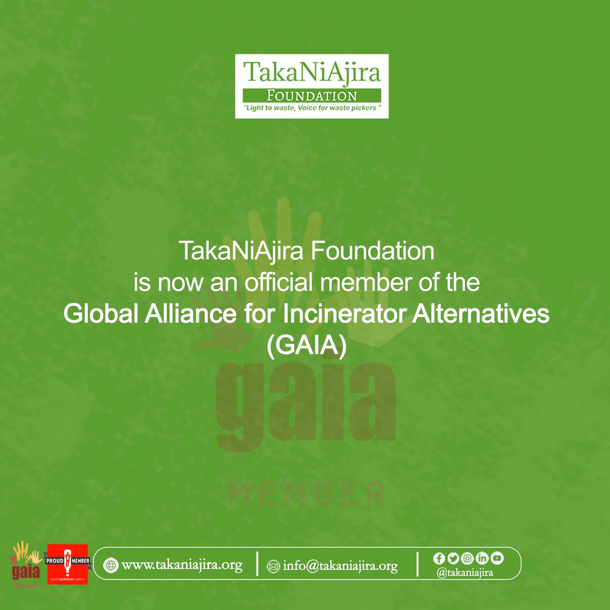 🌍 Big News 🌍
We're thrilled to announce that <a href="/takaniajira/">TakaNiAjira Foundation</a>  has joined the <a href="/GAIAnoburn/">GAIA -Global Alliance for Incinerator Alternatives</a> (Global Alliance for Incinerator Alternatives).  Together, we’re pushing for a #ZeroWaste future, advocating for #EnvironmentalJustice, and creating sustainable decent jobs for waste pickers.
