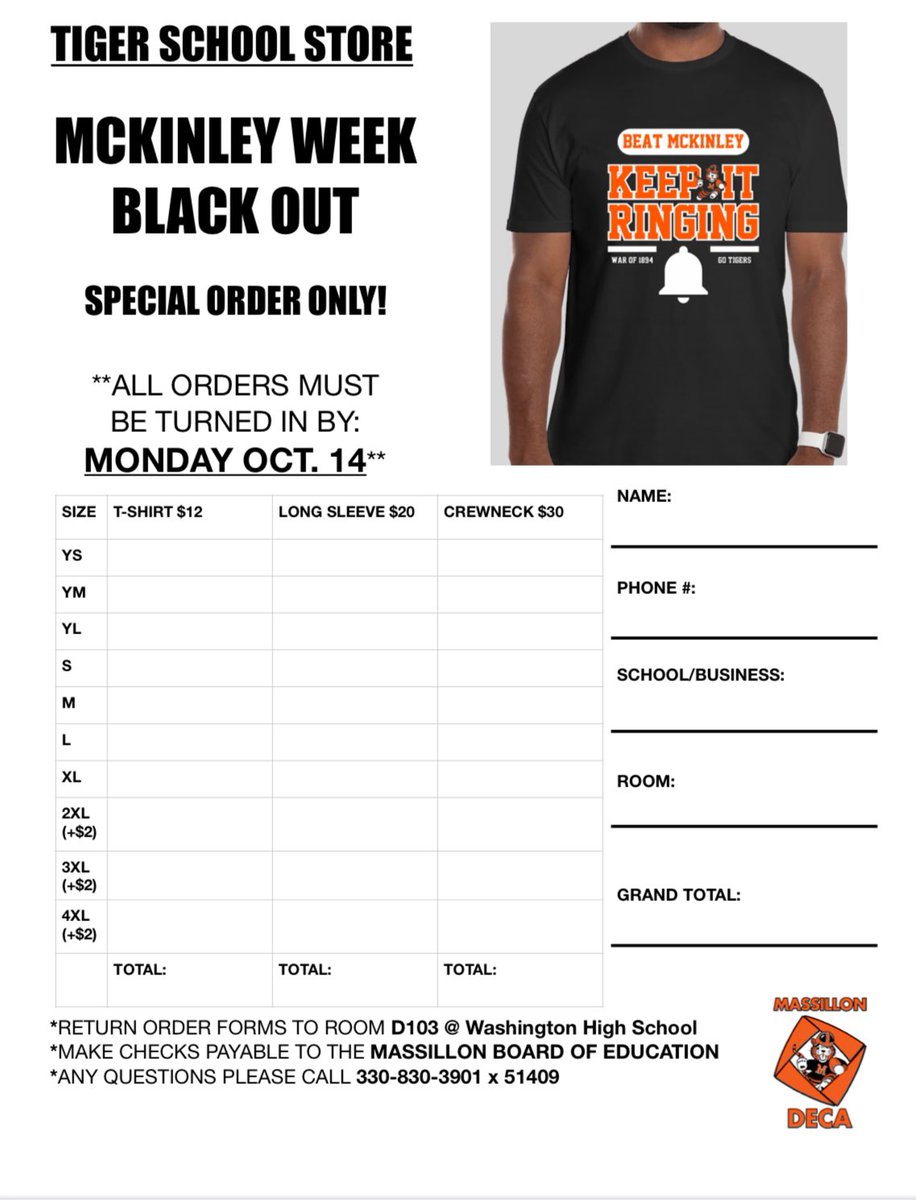 Beat McKinley shirts:
SPECIAL ORDER ONLY; deadline, Monday October 14. 
t-shirts for $12, long sleeve $20 and crewnecks for $30. 2X plus add $2.
Orders at WHS ticket office &amp; Tiger School Store
Questions 330-830-3901 X51409 <a href="/MassillonSchool/">Massillon City Schools</a> <a href="/massillonwhs/">WHS</a> <a href="/MassillonCTE/">WHS</a> <a href="/MTigerFB/">Massillon Football</a>