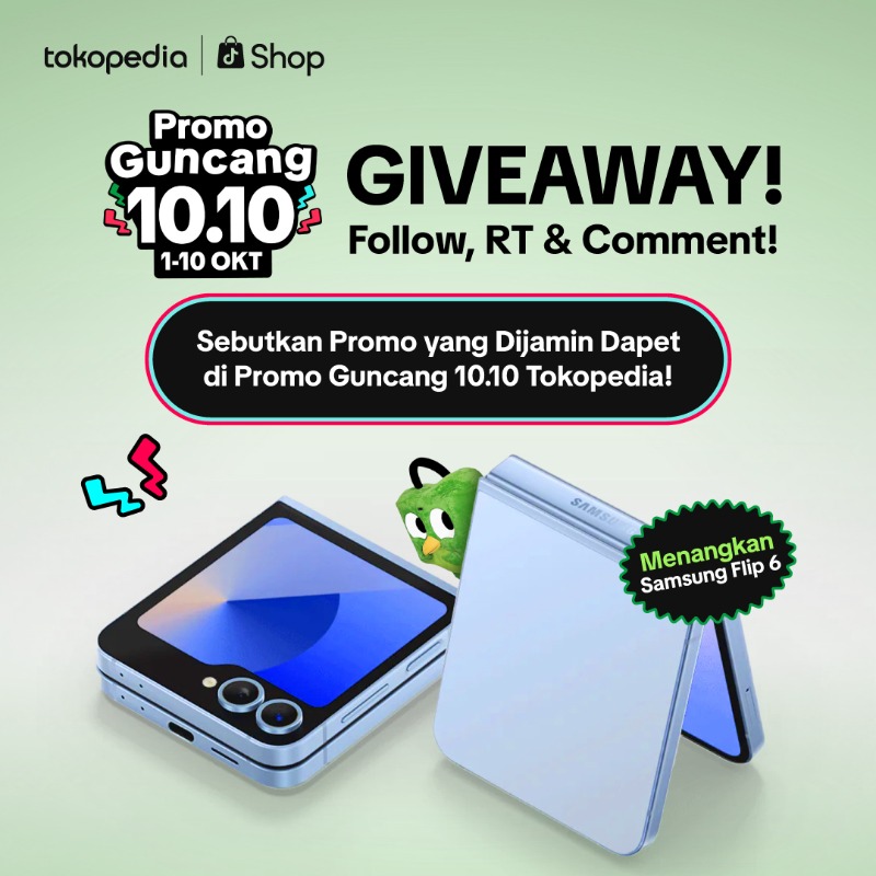 tokopedia's tweet photo. ‼GIVEAWAY SAMSUNG FLIP 6 SPESIAL GUNCANG 10.10‼

Caranya:
1. Follow, Like, &amp; Retweet
2. Komen dengan menjawab pertanyaan di gambar
3. Pakai hashtag #PromoGuncangTokopedia

Komen yang seru dan sebanyak-banyaknya sekarang juga! Goodluck 💚