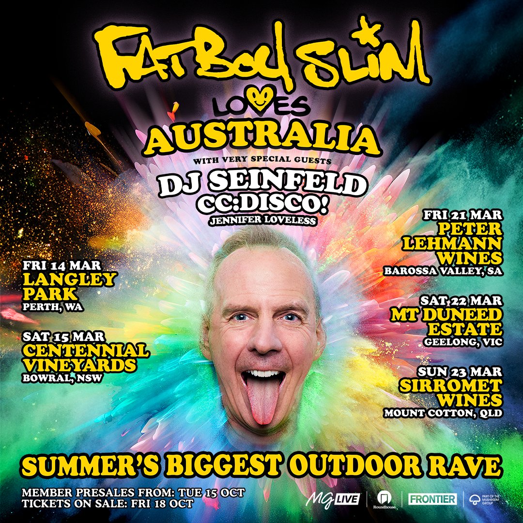 Check it out now 👅 the funk soul brother <a href="/FatboySlim/">Fatboy Slim</a>  is returning to Australia in 2025 for his biggest ever 'Fatboy Slim Lo💛es Australia' tour.

Full event &amp; presale info 🎫 mg.live/fatboyslim
Tickets on sale → 10AM, FRI 18 OCT (local time)