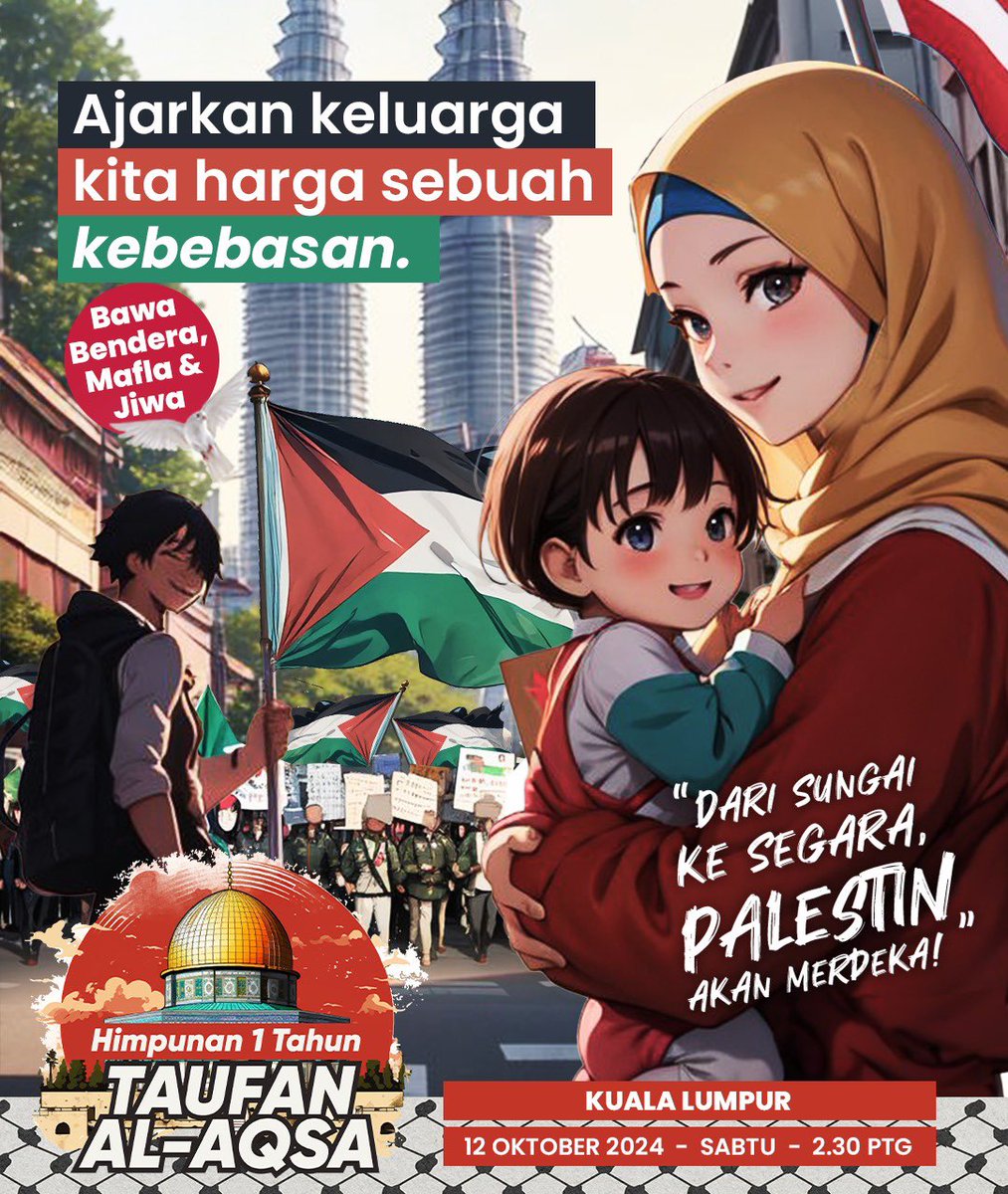 “Ajarkan anak-anak kita erti kebebasan, kasih sayang, dan keberanian! 🇵🇸”

Keluarga adalah asas kekuatan, dan setiap langkah kita di sini adalah tanda kebersamaan dengan saudara-saudara kita di Palestin. 🌍

#TaufanAlAqsa #SolidaritiPalestin