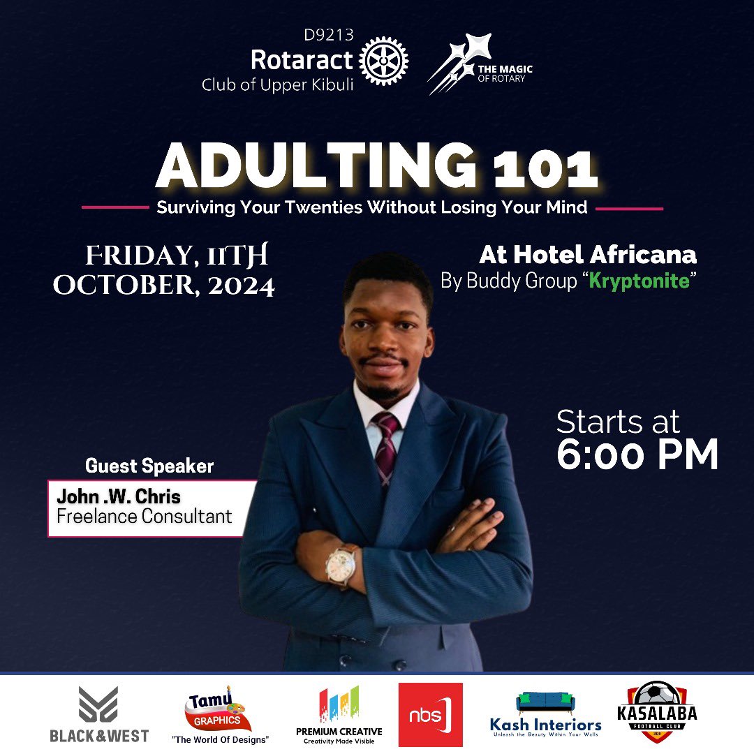 UpperKibuli's tweet photo. Join us this week at the Rotaract Upper Kibuli Fellowship as we dive into the topic of Adulting. Get ready for insightful discussions on navigating responsibilities, career growth, and financial independence. https://t.co/KZDKoV2Qti