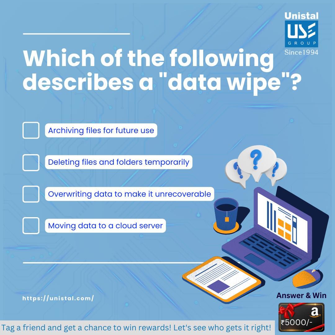 UnistalGlobal's tweet image. Your answer can win you Rs.5000 worth of an Amazon voucher!
What are you waiting for?
Tell us what describes data wipe best, and stand a chance to be our lucky Winner!
Like, comment, share, and Win.

#DataWipe #QuizTime  #TechGiveaway #ContestAlert #WinAmazonVoucher #Quizzes