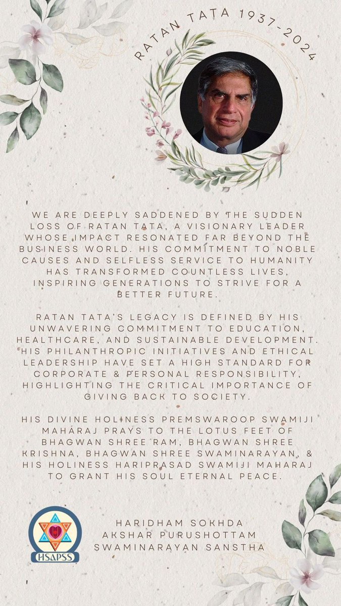 Haridham-Sokhada (@iharidham) on Twitter photo Tribute to #PadmaVibhushan
Shri <a href="/RNTata2000/">Ratan N. Tata</a>
by #HDH_Premswaroop_Swamiji
shri #RatanTata рдХреЛ рд╡рд┐рдирдореНрд░ #рд╢реНрд░рджреНрдзрд╛рдВрдЬрд▓рд┐ ЁЯТР Tribute to #PadmaVibhushan
Shri <a href="/RNTata2000/">Ratan N. Tata</a>
by #HDH_Premswaroop_Swamiji
shri #RatanTata рдХреЛ рд╡рд┐рдирдореНрд░ #рд╢реНрд░рджреНрдзрд╛рдВрдЬрд▓рд┐ ЁЯТР
