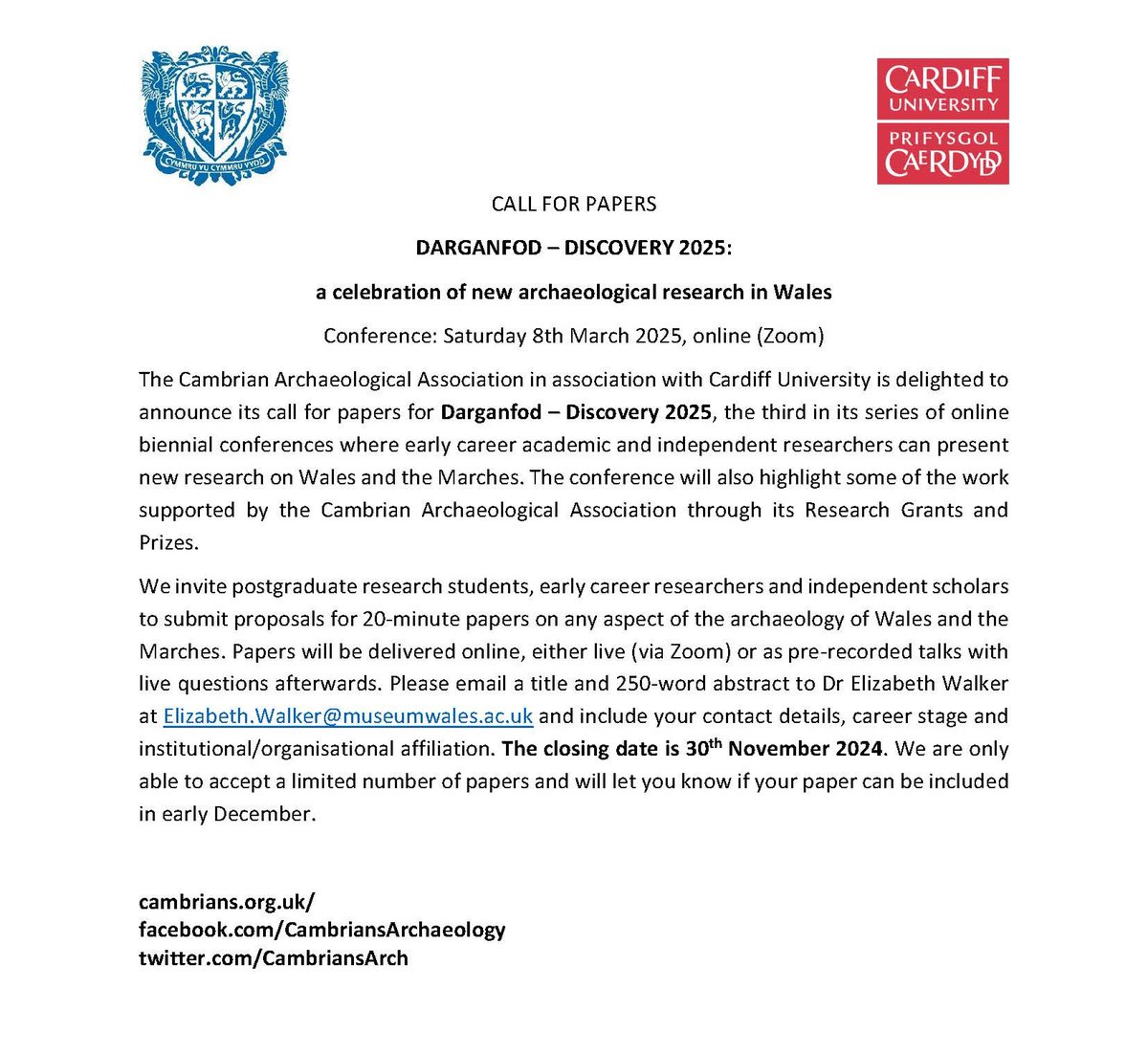 Cambrian Archaeological Association (@cambriansarch) on Twitter photo Call for Papers! 📢
Darganfod - Discovery 2025: A Celebration of New Archaeological Research in Wales. 8th March 2025 Online via Zoom. Please share far and wide!
<a href="/cardiffarchaeo1/">cardiffarchaeology</a> <a href="/cardiffuni/">Cardiff University</a> #Darganfod2025 #Cambrians Call for Papers! 📢
Darganfod - Discovery 2025: A Celebration of New Archaeological Research in Wales. 8th March 2025 Online via Zoom. Please share far and wide!
<a href="/cardiffarchaeo1/">cardiffarchaeology</a> <a href="/cardiffuni/">Cardiff University</a> #Darganfod2025 #Cambrians