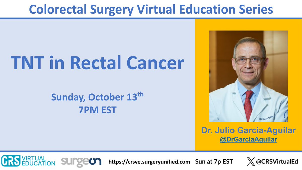 CRSVirtualEd (@crsvirtualed) on Twitter photo Join us this Sunday @ 7p EST to learn about TNT ☢️💊in rectal cancer with <a href="/DrGarciaAguilar/">Julio Garcia Aguilar</a> !
Sign up here for the link: crsve.surgeryunified.com
Join us live on SurgeOn here: share.surgeonapp.com/public/share/5…
<a href="/MSKCancerCenter/">Memorial Sloan Kettering Cancer Center</a>
<a href="/surgeonapp1/">SurgeOn</a>
<a href="/JordanWlodarcz3/">Jordan Wlodarczyk</a>
<a href="/karishma_kodia/">Karishma Kodia</a>
<a href="/JPangMD/">Joyce Pang</a> Join us this Sunday @ 7p EST to learn about TNT ☢️💊in rectal cancer with <a href="/DrGarciaAguilar/">Julio Garcia Aguilar</a> !
Sign up here for the link: crsve.surgeryunified.com
Join us live on SurgeOn here: share.surgeonapp.com/public/share/5…
<a href="/MSKCancerCenter/">Memorial Sloan Kettering Cancer Center</a>
<a href="/surgeonapp1/">SurgeOn</a>
<a href="/JordanWlodarcz3/">Jordan Wlodarczyk</a>
<a href="/karishma_kodia/">Karishma Kodia</a>
<a href="/JPangMD/">Joyce Pang</a>