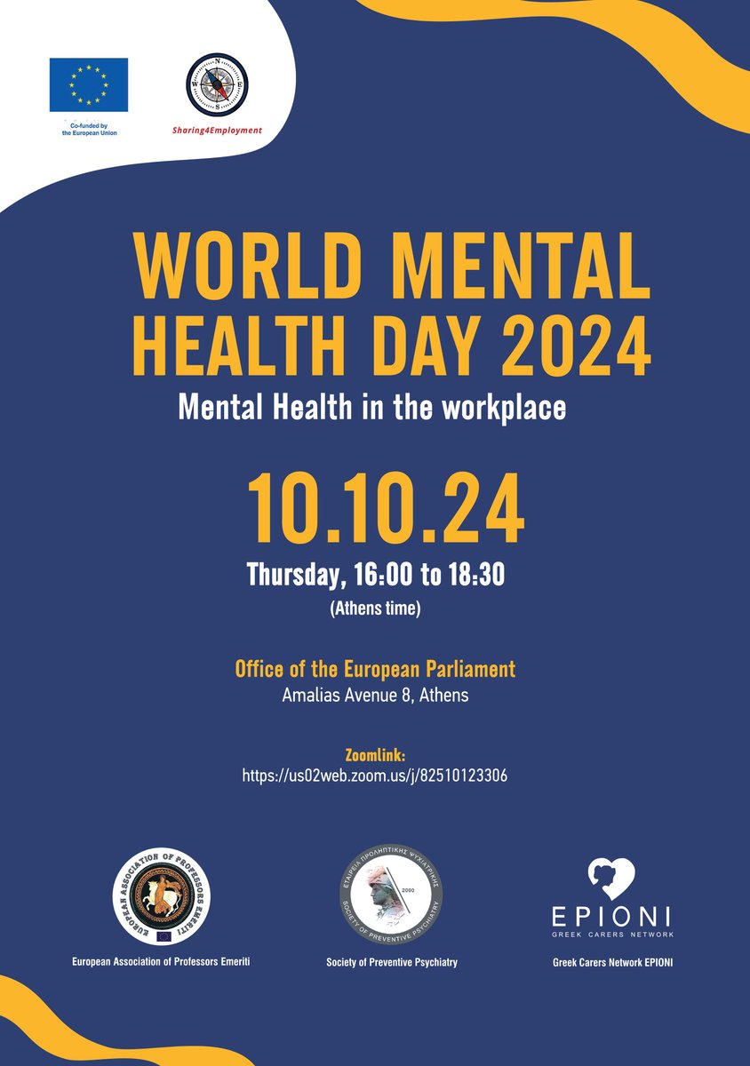 Σας προσκαλούμε σήμερα στην Ημερίδα με αφορμή την Παγκόσμια Ημέρα Ψυχικής Υγείας που θα πραγματοποιηθεί Διαδικτυακά και στα Γραφεία του Ευρωπαικού Κοινοβουλίου στην Αθήνα (Αμαλίας 8), την Πέμπτη 10.10.2024 στις 16:00 και διαδικτυακά us02web.zoom.us/j/82510123306
