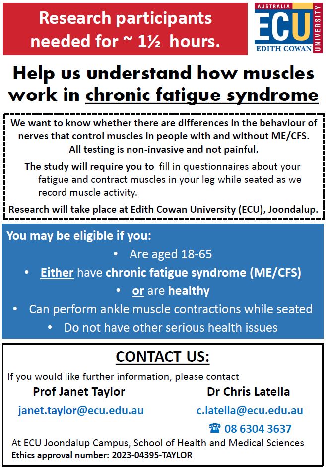 We are close to wrapping up data collection for this #chronicfatigue #research study. Please get in contact if you are interested and in #Perth. Details in flyer.

Thanks to those who have volunteered their time so far.
<a href="/JamesLNuzzo/">James L. Nuzzo, PhD</a> <a href="/EdithCowanUni/">Edith Cowan University (ECU)</a>