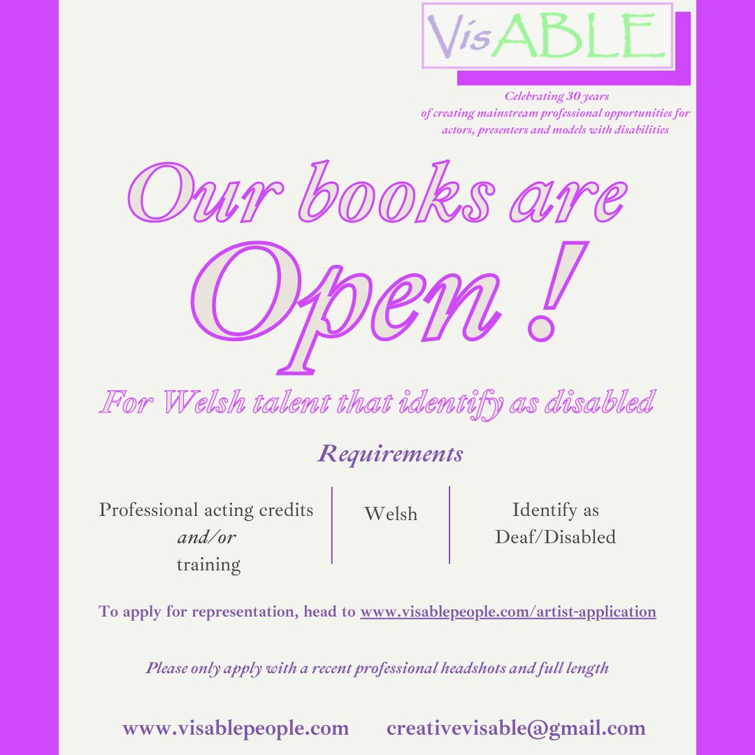 📣 Please share to anyone you think may be suitable and looking for representation 📣

VisABLE’s books are OPEN! To Welsh disabled talent with professional credit(s) and/or training. Any queries or application help to creativevisable@gmail.com.