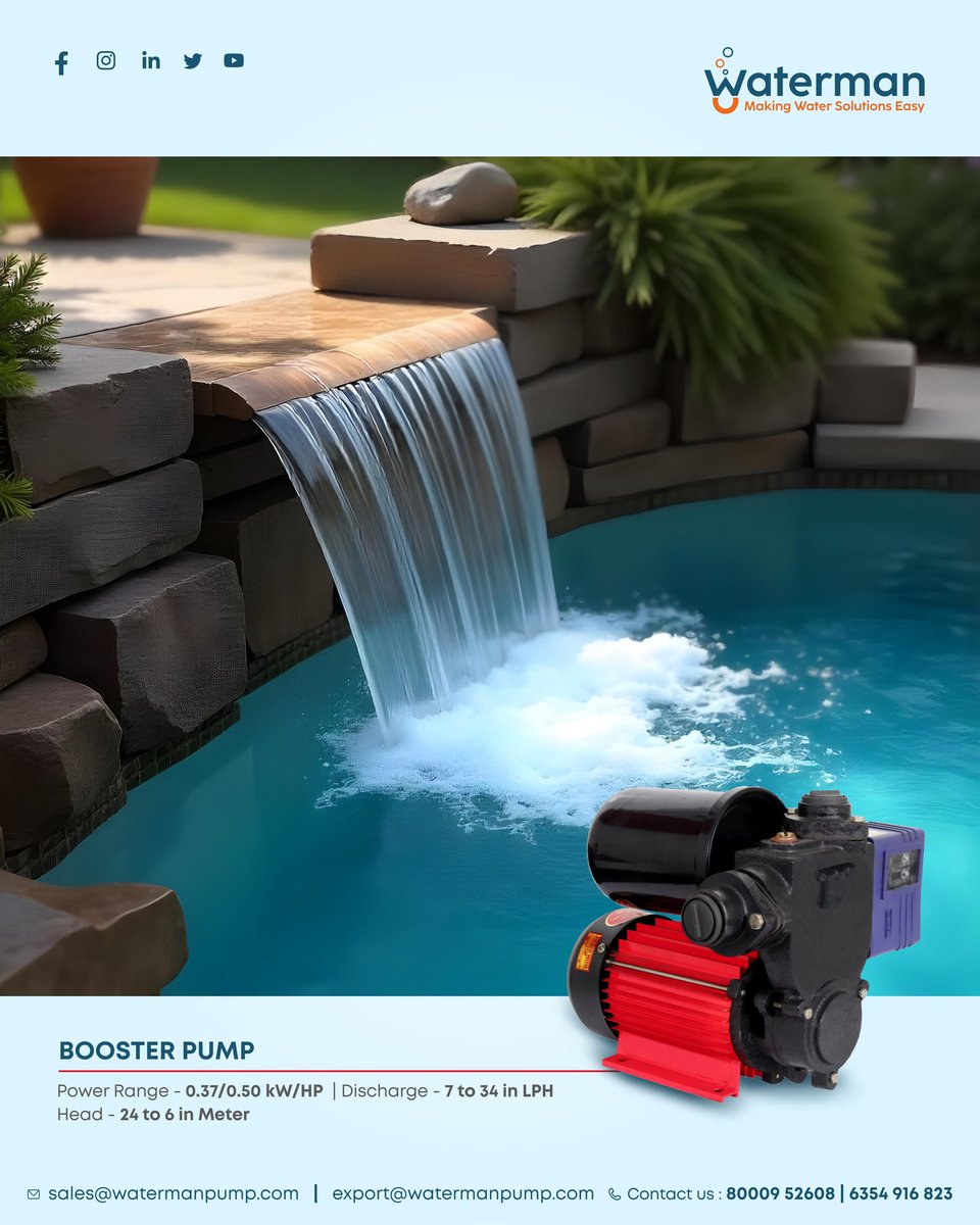 WATERMANPUMPSET's tweet image. Transform your water features with precision and power!  
Our Waterman Booster Pump delivers a steady flow with a discharge range of 7-34 LPH and a head of up to 6 meters. Perfect for creating that serene waterfall effect!  #WaterSolutions #BoosterPump #EfficientFlow
