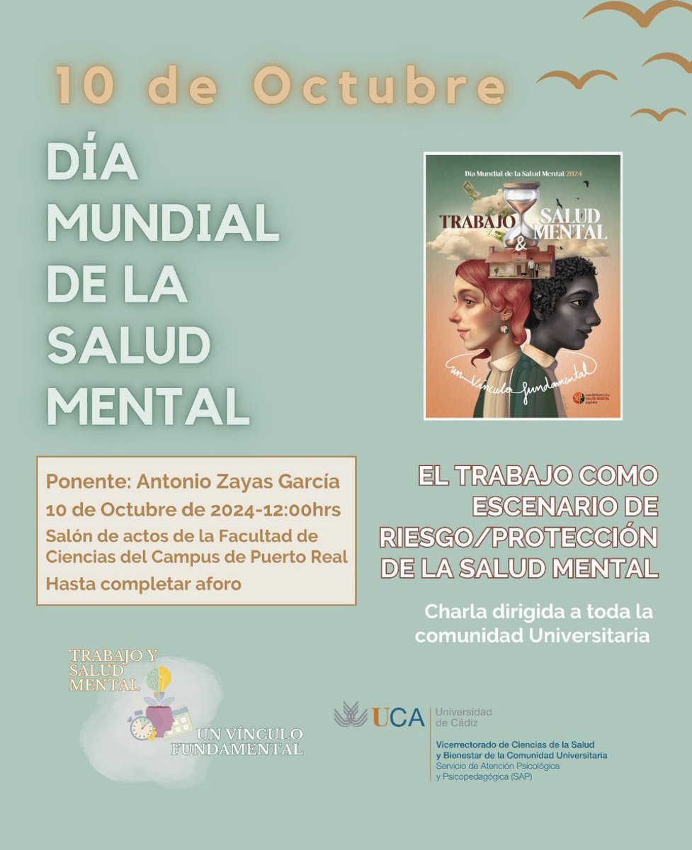 Esther Berrocoso Lab (@berrocoso_lab) on Twitter photo El 10 de octubre es el Día Mundial de la #SaludMental, oportunidad para concienciar sobre su importancia. Con motivo de esta fecha, en la <a href="/univcadiz/">Universidad de Cádiz</a> se celebrará una charla dirigida a toda la comunidad universitaria #TrabajoYSaludMental <a href="/INiBICA_IIS/">INiBICA</a> @CIBER_SAM <a href="/M_SaludMental/">Máster Salud Mental CIBERSAM</a> El 10 de octubre es el Día Mundial de la #SaludMental, oportunidad para concienciar sobre su importancia. Con motivo de esta fecha, en la <a href="/univcadiz/">Universidad de Cádiz</a> se celebrará una charla dirigida a toda la comunidad universitaria #TrabajoYSaludMental <a href="/INiBICA_IIS/">INiBICA</a> @CIBER_SAM <a href="/M_SaludMental/">Máster Salud Mental CIBERSAM</a>