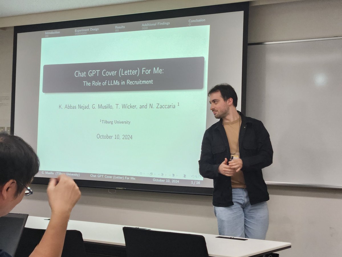 Our super talented student
 <a href="/g_musillo/">Giuseppe Musillo</a> from <a href="/TilburgU/">Tilburg University</a> rounds of the grad student presentations with some work on LLMs and their potential role in improving recruiting outcomes.