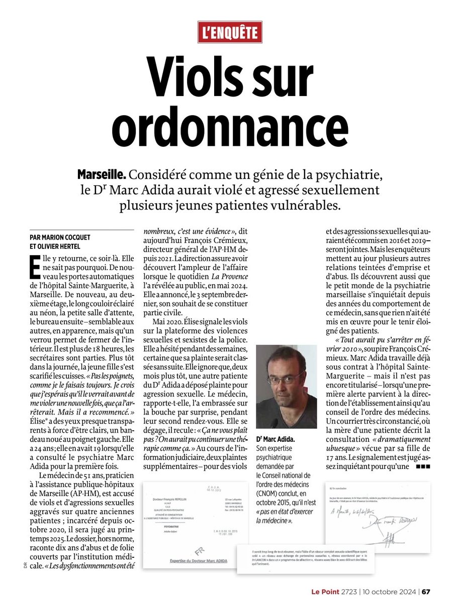 Enquête sur l'affaire qui secoue la psychiatrie marseillaise. 10 ans d'omerta entretenus par une guerre des chefs à l'AP-HM et par l'inaction de l'Ordre des médecins. Et ce malgré les alertes de confrères, infirmières et patientes.
En kiosque aujourd'hui. 
<a href="/LePoint/">Le Point</a>