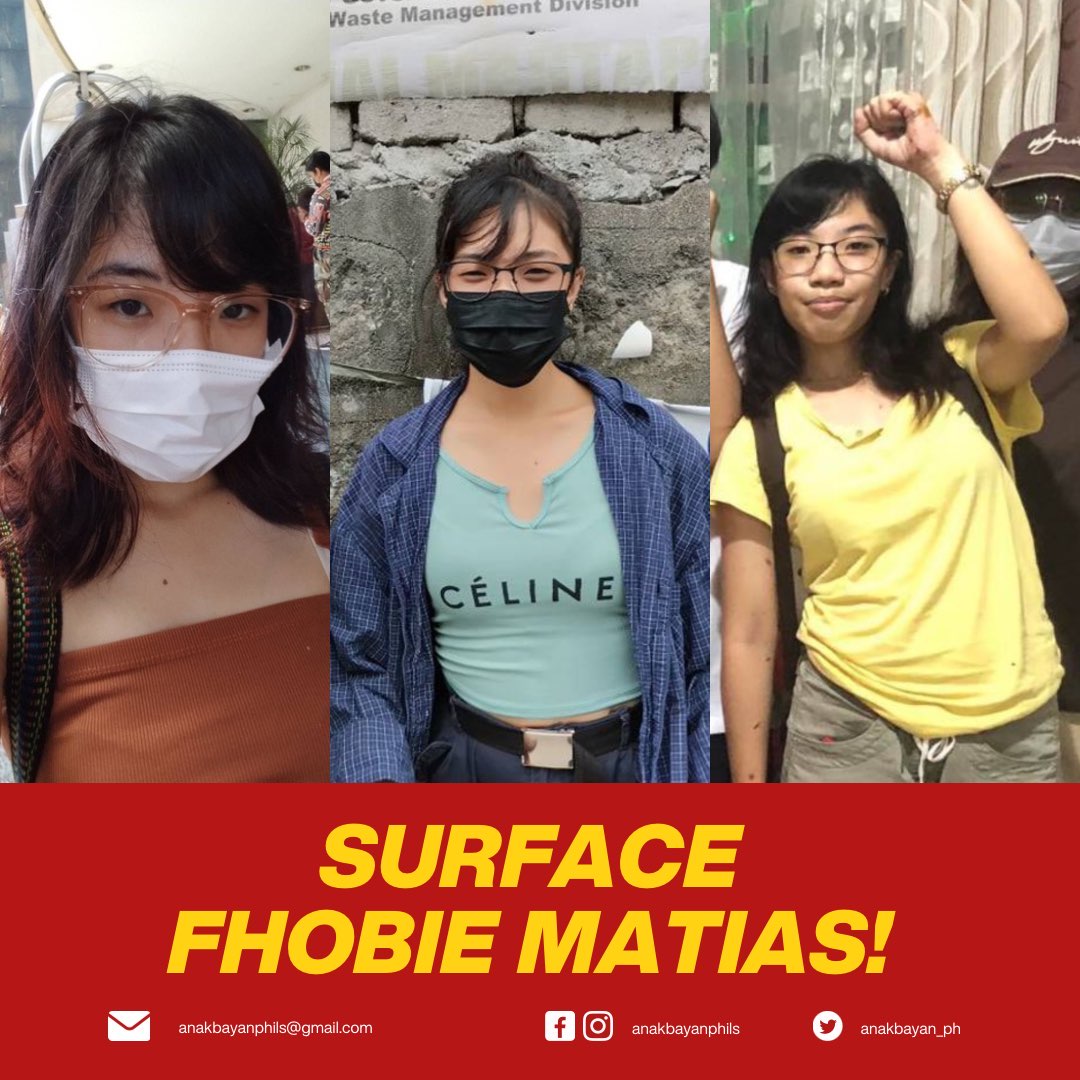 SURFACE FHOBIE MATIAS!
Dinukot ng pasistang Armed Forces of the Philippines (AFP) si Fhobie Matias, dating miyembro ng Anakbayan at ngayo'y organisador ng magsasaka sa KASAMA-TK, noong Setyembre 28 sa Calamba, Laguna.

#SurfaceFhobie
#StopTheAttacks
#YouthFightBack
#JunkTerrorLaw