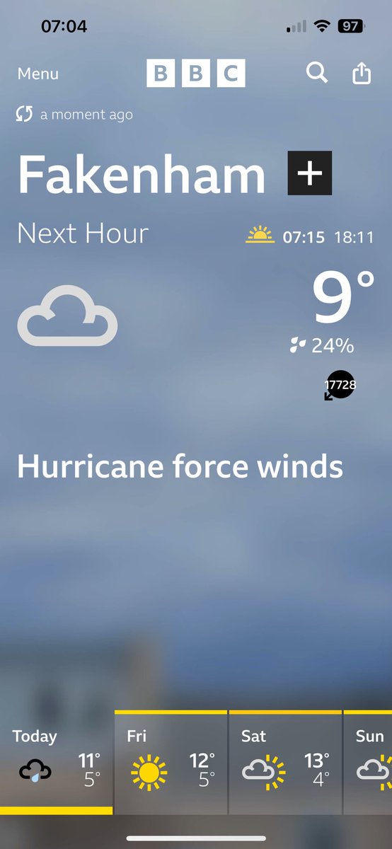 RobertCooperLB's tweet photo. Today’s forecast for Norfolk on BBC Weather.  Nothing about it on #r4today weather though. Um….. https://t.co/C8P5ud23YN