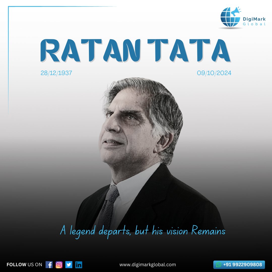 DigimarkGlobal's tweet photo. The world has lost a true legend, a visionary leader, and a compassionate soul. Mr. Ratan Tata’s wisdom and generosity shaped industries and inspired countless lives. 

RIP 🙏💐

#RIPRatanTata #TributeToRatanTata #InspirationForever #EndOfAnEra #RatanTataSir https://t.co/dTLYYd2Veo